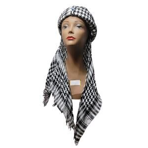 Traditional White & Black Fez Hat with Scarf, Keffiyeh w/ All-Seeing Eye